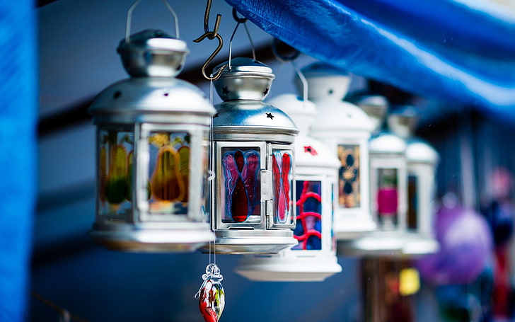 lantern, decorations, stained glass, lamp, macro, blue flames, blurred, photography, depth of field, HD wallpaper
