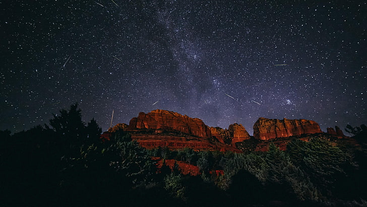 meteoros, céu estrelado, via láctea, céu noturno, montanha, HD papel de parede