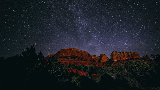 meteorer, stjärnhimmel, Vintergatan, natthimlen, berg, HD tapet HD wallpaper