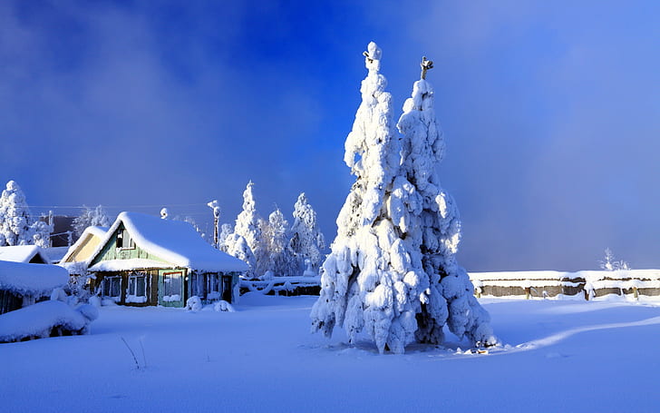пейзаж, снег, домик, HD обои
