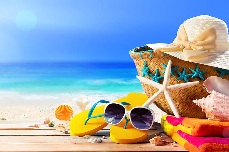 رمال ، بحر ، شاطئ ، صيف ، نجمة ، عطلة ، قبعة ، نظارات ، صدفة ، حقيبة ، أردواز ، نجم البحر ، نظارات شمسية ، إكسسوارات ، صدف، خلفية HD