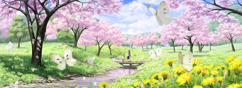 Ilustración de primavera, árboles de color rosa y papel tapiz de campo de flor amarilla, estaciones, primavera, ilustración, Fondo de pantalla HD HD wallpaper