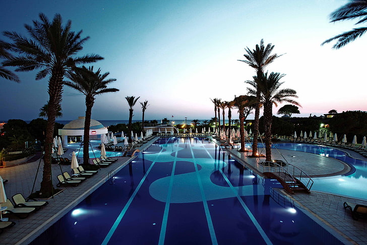 vacation, travel, sunbed, Limak Atlantis De Luxe Hotel, The best hotel pools 2017, resort, pool, palms, tourism, HD wallpaper