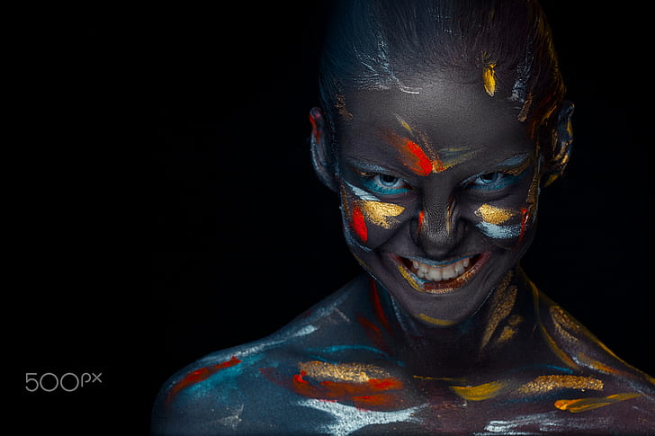 Volodymyr Melnyk, face, teeth, colorful, dark, body paint, women, HD wallpaper