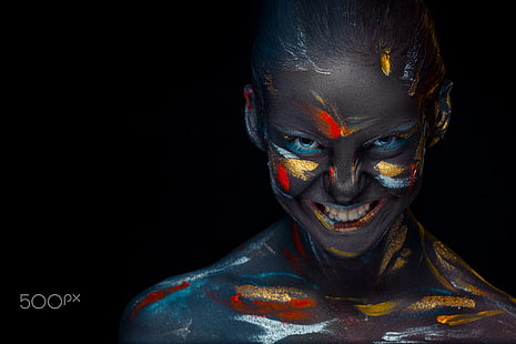 Volodymyr Melnyk, face, teeth, colorful, dark, body paint, women, HD wallpaper HD wallpaper