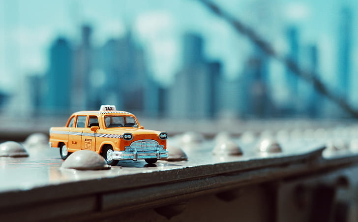 سيارة أجرة في جسر بروكلين ، إيرو ، ماكرو ، كلاسيك ، تاكسي ، مصغر ، ألعاب ، نيويورك ، كلاسيك كار ، بروكلين بريدج، خلفية HD