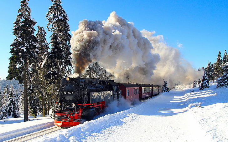 nature, winter, snow, shadow, train, steam locomotive, trees, landscape, railway, forest, Harz, HD wallpaper
