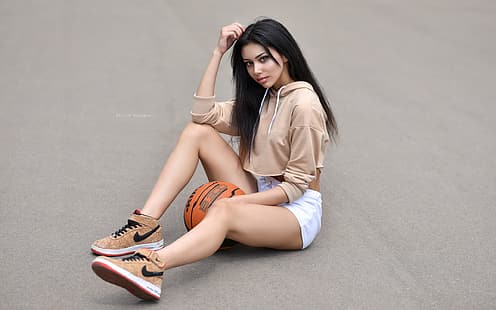 ragazza, la palla, bruna, parco giochi, basket, Maxim Romanov, Kira Petrov, Sfondo HD HD wallpaper