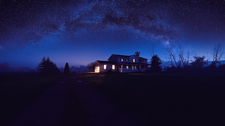 silhouette of house, house, night, stars, sky, lights, blue, HD wallpaper