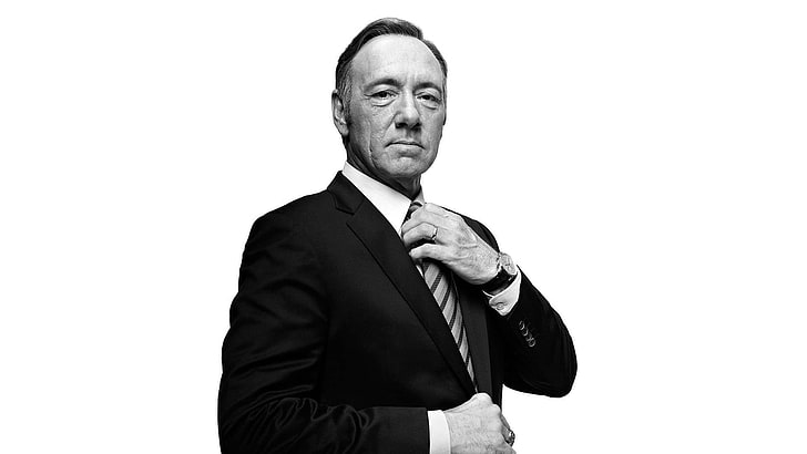 men's black suit, Kevin Spacey, House of Cards, men, Frank Underwood, monochrome, looking at viewer, white background, HD wallpaper