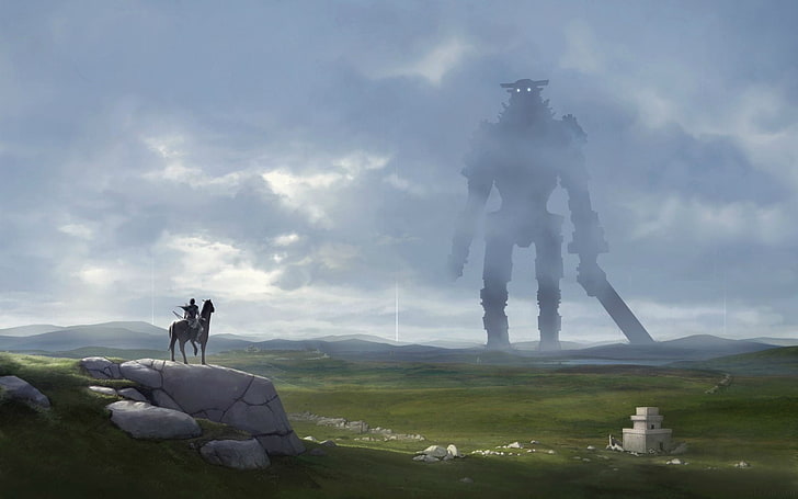 човек, яздещ кон, стоящ на сив тапет за камъни, Shadow of the Colossus, гигант, HD тапет