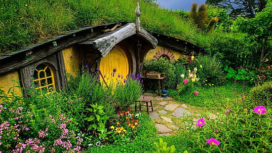 Le papier peint Hobbit, nature, paysage, maison, Nouvelle Zélande, Hobbiton, porte, arbres, herbe, fleurs, vert, Fond d'écran HD HD wallpaper