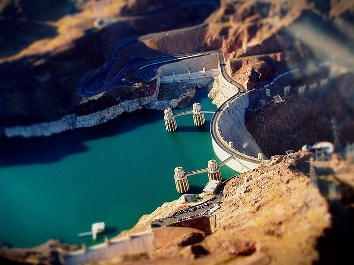 Blanc béton, eau, dumb, Hoover Dam, Nevada USA, tilt shift, vue aérienne, barrage de Hoover, eau, Fond d'écran HD