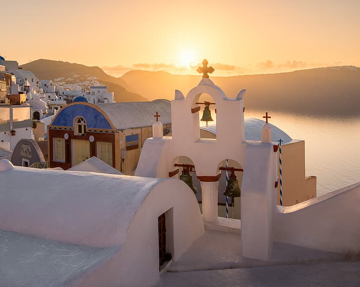 sea, the sun, landscape, mountains, dawn, island, home, morning, Santorini, Greece, bell, the bell tower, Thira, Ia, HD wallpaper