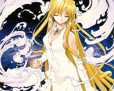 Ilustración de personaje de anime de chica de pelo amarillo, edad de acuario, chica, rubia, espacio, vestido, Fondo de pantalla HD HD wallpaper