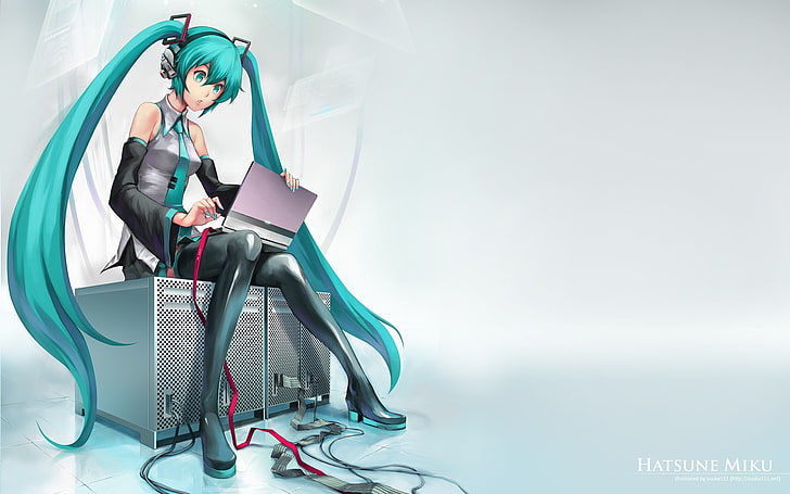 Hatsune Miku цифровые обои, два хвостика, Hatsune Miku, компьютер, провода, ноутбук, сидя, аниме девушки, синие волосы, чулки, аниме, HD обои