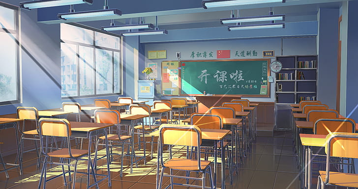 Anime, Original, Chair, Classroom, Clock, HD wallpaper