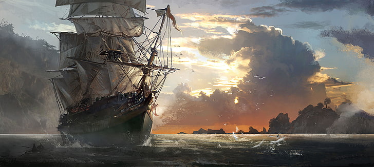 vit och grå fartygsmålning, konstverk, fartyg, segelfartyg, Assassin's Creed: Black Flag, videospel, Assassin's Creed, HD tapet