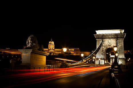 ブダペスト、ハンガリー、吊り橋、鎖橋、夜景、4K、 HDデスクトップの壁紙 HD wallpaper
