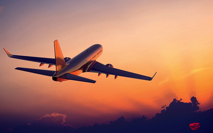 passagerarflygplan på luft under solnedgången, flygplan, passagerarflygplan, flygplan, solnedgång, moln, HD tapet