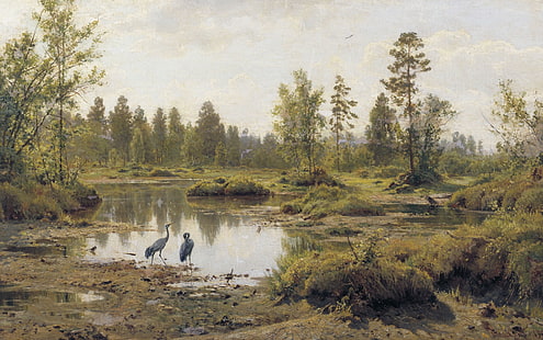 paisagem, pássaros, natureza, quadro, garça-real, Ivan Shishkin, pântano.Polesie, HD papel de parede HD wallpaper