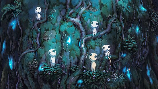 Princess Mononoke, Studio Ghibli, animasyon filmleri, film kareleri, Hayao Miyazaki, ağaçlar, Kodama, ruhlar, HD masaüstü duvar kağıdı HD wallpaper