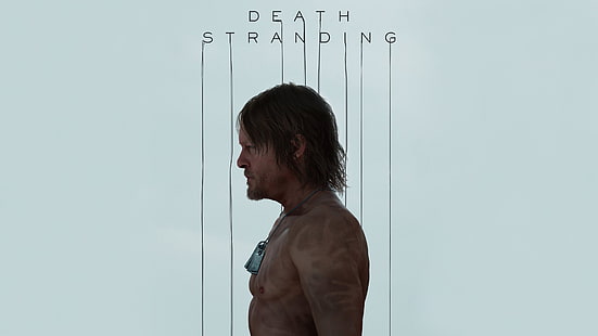 Обои игры Death Stranding, Death Stranding, простой фон, Норман Ридус, видеоигры, мужчины, без рубашки, Dog Tags, темные волосы, HD обои HD wallpaper