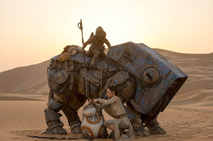 kvinna och elefantfoto, Star Wars: The Force Awakens, Rey, Daisy Ridley, BB-8, HD tapet