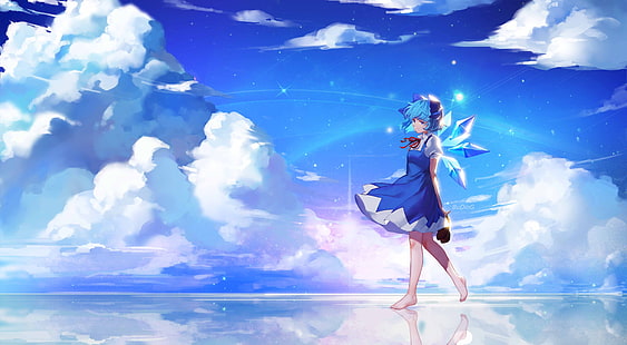 cirno, touhou, berjalan, di balik awan, kristal, rambut aqua, Anime, Wallpaper HD HD wallpaper