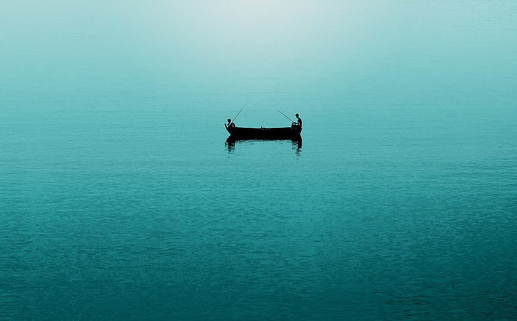 black boat, sea, fishermen, boat, fishing, minimalism, HD wallpaper