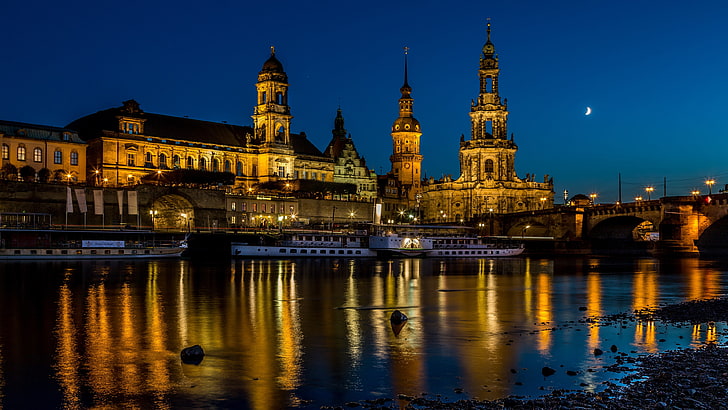 cityscape, cathedral, germany, dresden, evening, katholische hofkirche, dusk, dresden cathedral, tourist attraction, reflection, water, sky, night, city, body of water, waterway, landmark, HD wallpaper