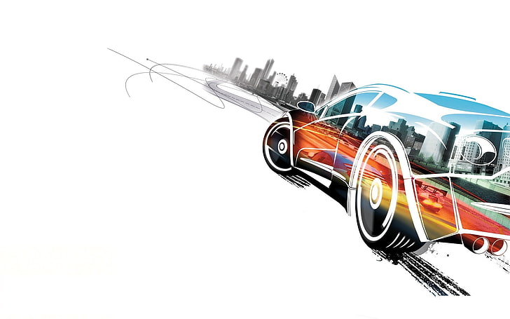 wallpaper digital kendaraan, mobil konsep, Burnout Paradise, video game, oranye, latar belakang putih, cyan, Wallpaper HD