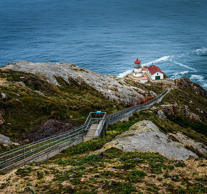 high angle photo of white and red house near lighthouse on top of rock mountain beside sea, point reyes lighthouse, point reyes lighthouse, Point Reyes Lighthouse, angle, photo, white, red house, lighthouse, on top, rock mountain, sea, AF, 35mm, f/1, 8G, Architecture, California, D810, Landscape, Nikkor, Nikon, Ocean, Reyes  Point, Point Reyes National Seashore, Spring  Water, outdoor, stairs, waves, coastline, rock - Object, HD wallpaper