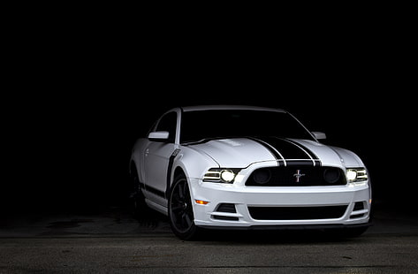 blanc et noir Ford Mustang coupé, blanc, Mustang, Ford, ombre, Boss 302, muscle car, rayures de course, Fond d'écran HD HD wallpaper
