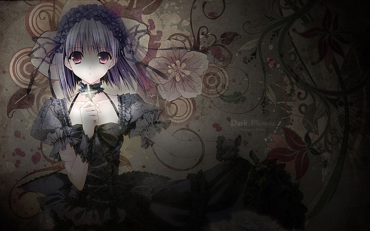 Dark Flowers Wallpaper, Anime, Lavendel, lila Augen, lila Haare, violette Augen, Kreuz, Kleid, dunkel, Gothic, Blumen, Anime Girls, originelle Charaktere, HD-Hintergrundbild