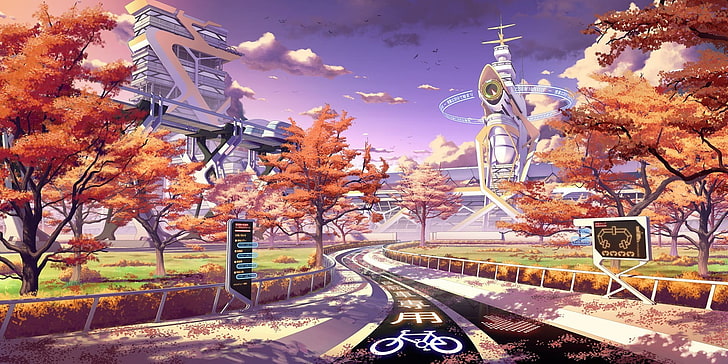 braune Bäume Illustration, Anime Fahrradweg mit orange Himmel Illustration, Jahreszeiten, Herbst, futuristisch, Japan, Sonnenuntergang, Kultur Japan, HD-Hintergrundbild