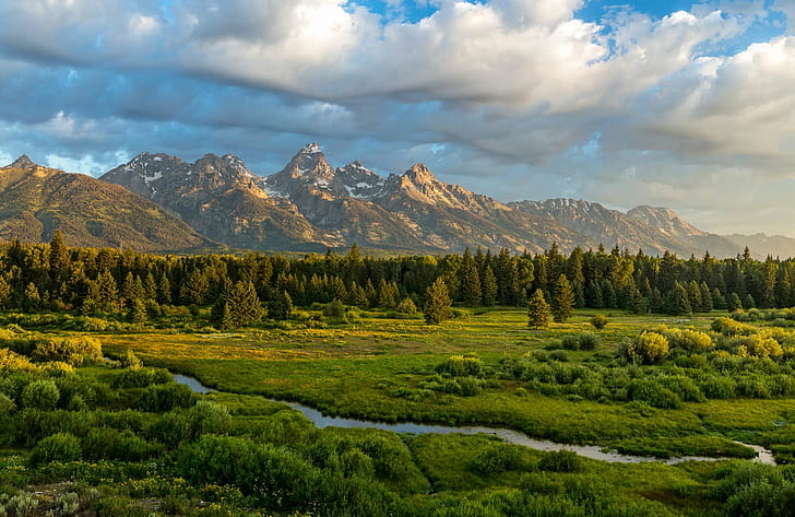 landscape photography of green fields, mountains and cumulus clouds during daytime, Day, landscape photography, green fields, mountains, cumulus clouds, daytime, department of the interior, grand teton national park, nature, mountain, landscape, scenics, forest, outdoors, summer, tree, sky, beauty In Nature, travel, mountain Peak, HD wallpaper