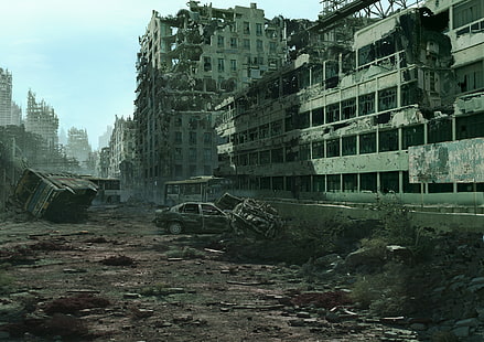 бетонная застройка графика, город, разруха, руины, постапокалипсис, HD обои HD wallpaper