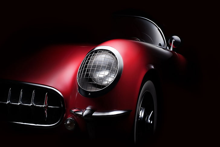 alat rumah dijalin dgn tali merah dan hitam, gelap, merah, mobil merah, mobil, kendaraan, Corvette, 1954 (Tahun), Wallpaper HD