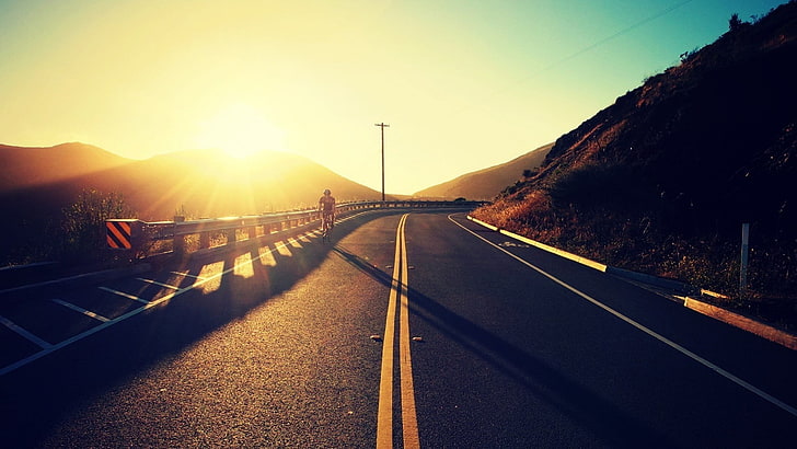 black asphalt road, road, sunlight, biker, landscape, HD wallpaper