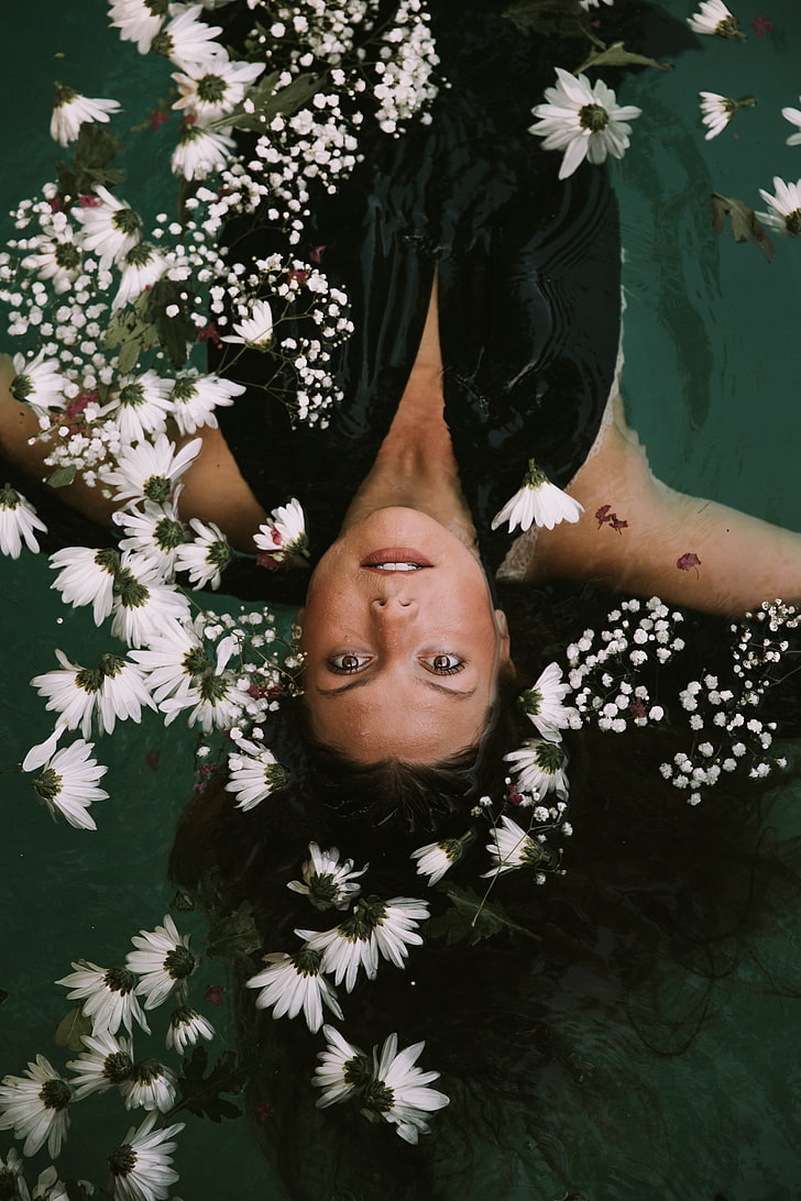 girl, water, flowers, float, HD wallpaper