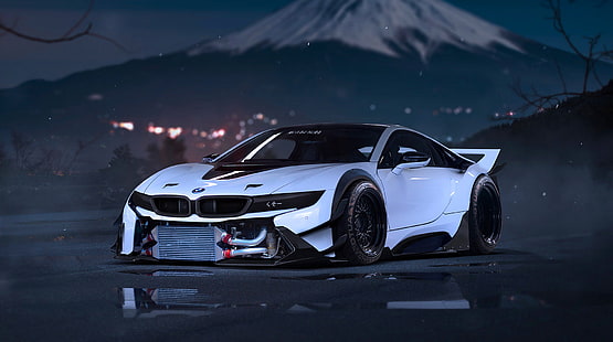 white BMW i8 coupe, bmw, i8, tuning, sport car, front view, HD wallpaper HD wallpaper