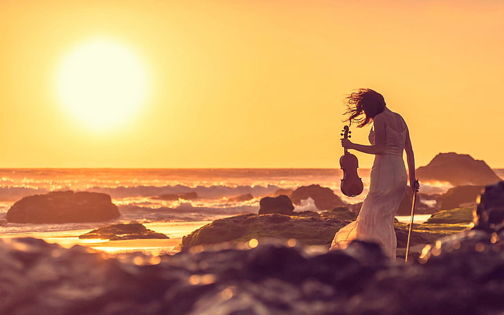 Violinista Summer Beach Sunset, violino marrone, musica, spiaggia, estate, tramonto, violinista, Sfondo HD