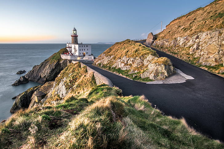 white and brown light house on hills during day time, baily lighthouse, dublin, ireland, baily lighthouse, dublin, ireland, Sunrise, Baily lighthouse, Dublin, white, brown, light house, hills, day, time, cliff, clouds, composition, europe, ireland, konica minolta, landscape, lighthouse, long exposure, motion, photo, photography, sea, seascape, sky, sony a7, travel, ultra, coastline, rock - Object, HD wallpaper