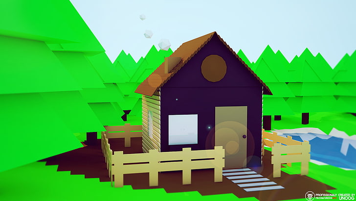 low poly, house, mountains, HD wallpaper