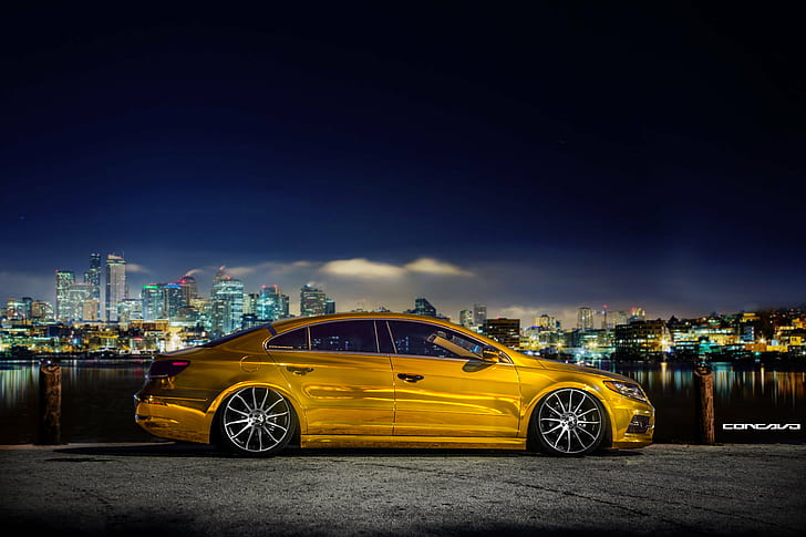 yellow sedan with background of city building, Volkswagen CC, Gold, Bagged, CW, Machined, Face, yellow, sedan, background, city building, wheels, rims, concave, volkswagen  cc, miami, car, street, transportation, HD wallpaper