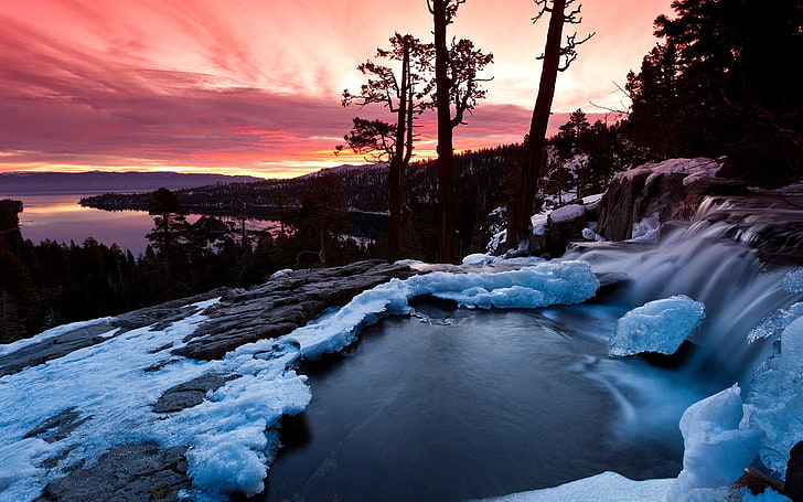 paysage, coucher de soleil, hiver, neige, glace, Fond d'écran HD