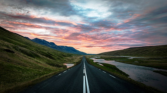 自然風景アイスランド道路サンセットヒル、 HDデスクトップの壁紙 HD wallpaper