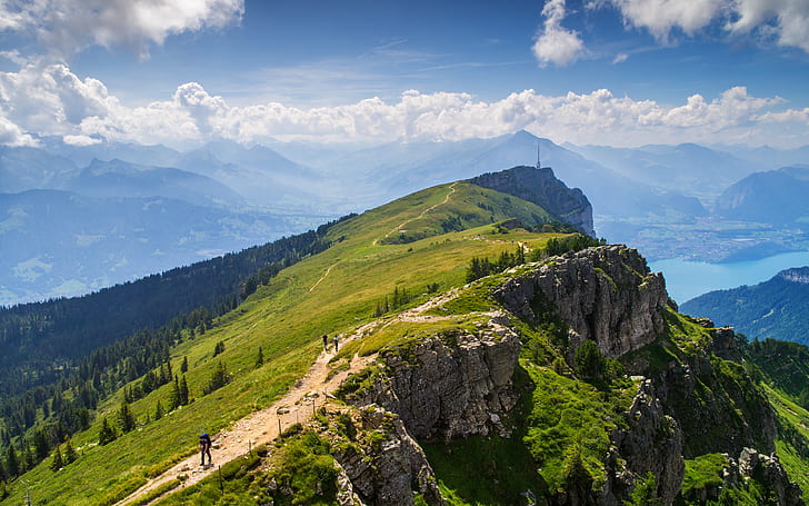 musim panas, pegunungan, alam, danau, Danau Thun, Pegunungan Alpen Bernese, Wallpaper HD