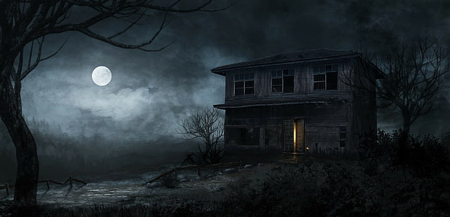 artwork, spooky, night, Moon, house, horror, HD wallpaper HD wallpaper